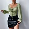 Hollowed-Out Female Street Wear Long Sleeve Drawstring Front Fits Lady Blouse Womens Tops