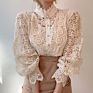 Korean Style Women's White Shirt Vintage Hollow Out Women's Top Casual Sweet Style Lace Long Sleeve Stand Collar Shirt