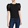 Ladies Black Crew Neckline Slim Fit Darted Puff-Sleeve Top