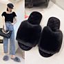 Large Size Fluffy Slippers Female Autumn and Indoor Flat Big Rabbit Fur Cotton Slippers