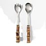Natural Bamboo Silverware Set with Serving Utensils, Stainless Steel Forged Cutlery Salad Fork and Spoon Set for Hotel