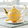 Nordic Style Teapot Cup Saucer Set Red Color Decal Design Gold Rim Handle Ceramic Bone Tea for One Set