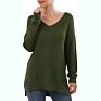 Pattern Sweater Side Split Design Long-Sleeved V-Neck Pullover Ladies Sweater