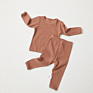 Rib Children Clothes Brown Color 2 Pcs Fitted Wear Cotton Pajamas