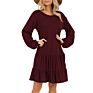 Ruffle Hem Pocketed Solid-Colored round Neck Long Sleeve Midi Dress