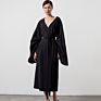 Sell Black Dress Ladies Long Elbis V-Neck Flared Sleeves Waist Chic Slim Robe Pleated French Dress Audrey Hepburn Dress