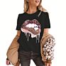 T-Shirt Women Casual Funny Graphic Leopard Lips Print T Shirts for Women OLD