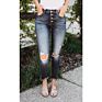 Top Women's High Elastic Ripped Skinny Jeans Button Slim Mid-Waist Jeans Women's Denim Trousers