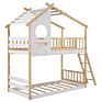 Twin over Twin Bunk Bed Wood Bed with Roof and Ladder for Kids