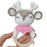 Wholesales 100% Handmade Knitted Natural Wooden Teething Ring Crochet Teether Toy Deer Rattle for Baby