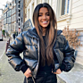Women Black Pu Leather Coats Women Zipper Cotton Jackets Faux Leather Puffer Jack