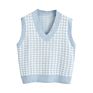 Women Fall Sweater Casual Oversized Pullover V Neck Sleeveless Vest Tops for Female in Houndstooth Partterns