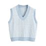 Women Fall Sweater Casual Oversized Pullover V Neck Sleeveless Vest Tops for Female in Houndstooth Partterns