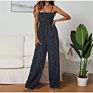 Women Polka Dot Jumpsuit High Waist Rompers Boho Yellow Spaghetti Strap Top Wide Leg Pants Female Jumpsuits Ladies