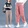 Women's and Art Large Size Elastic Waist Loose Wild Lattice Nine-Point Harem Casual Trousers