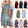 Women's Long Sleeve Cold Shoulder Tunic Top Swing T-Shirt Loose Dress with Pockets
