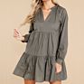 100 Cotton Fitted Twill Solid Color V Neck Dresses Dark Olive Green Long Sleeve Gathered 2 Tier Skirt Dress