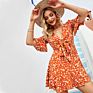 100% Rayon Viscose Floral Mini Dress Front Butterfly Tie V Neck Ruffle Casual Dresses Women