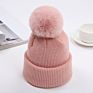 Autumn and Children's Rabbit Fur Wool Curled Edge Warm Solid Color Knitted Hat Knit Cap Hats Beanie Hat with Pom P