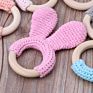 Baby Teether Bunny Ear Crochet Wooden Ring Safe Organic Wood Teething Rattle Toy Pacifier Clip Holder Wood Ring