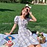 Bow Tie Square Neck Plaid Bubble Sleeve Dress Women Waist A-Line Dress