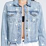 Classic Fit Star Embroidery Womens Distressed Crop Denim Jacket