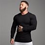 Cotton Men Muscle Knitted Plain Dyed O Neck Long Sleeve Sport Gym Fitness Running Men's T-Shirts
