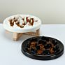 Design Ceramic Pet Slow Feeding Bowl Luxury Rounded Dog Bowl with Wooden Stand for Cat Dog