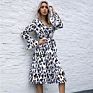 Dr102 Ruffle Hem Belted Long Flounce Sleeve Leopard Print Casual Midi Dresses for Women