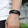 Easy Open Metal Knot Black Plain Leather Bracelet for Men