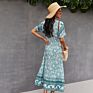 Ethnic Print Long Dress Women Tie Tassel Lace Short Sleeve Boho Lady Beach Rayon Maxi Dresses Female Loose