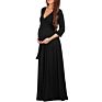 European Solid Color Dress Cross Deep V-Neck Drawstring Waist Three Quarter Sleeve Maternity Long Skirt