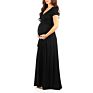 Graceful Maternity Mum Long Flowing Cross-Front Deep V Neck Solid Short-Sleeve Slim Formal Evening Nursing Dress with Waist Belt