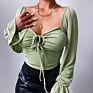 Hollowed-Out Female Street Wear Long Sleeve Drawstring Front Fits Lady Blouse Womens Tops