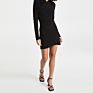 Lady Black Mid-Weight Slinky Jersey Crossover-V -Neck Draped Bodice Long Sleeves Padded Shoulders Lined Mini Dress