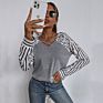 Latest Design Patchwork Stripe Leopard Color Block Woman Long Sleeve Tunic V Neck Knit T Shirt Cotton Blouse Tops Fall Clothing