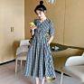 Maternity Short Sleeve Dress Korean Loose Mid Length Plaid Dress