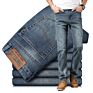 Men Faded Effect Well Fit Jeans with Five Pockets Elastic Straight Denim Pants for Casual or Business