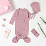 Organic Cotton Ribbed Baby Sleepsuit Baby Gown Bonnet Hat Headband 3Pcs Set