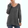Pattern Sweater Side Split Design Long-Sleeved V-Neck Pullover Ladies Sweater
