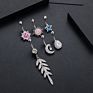 Paved Zircon Long Leaf Dangle Belly Button Rings with Women Beach Curved Surgical Steel Belly Rings