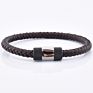 Personalized Charm Men Braided Brown Wristband Stainless Steel Leather Bracelet