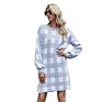 round Neck Women's Sweater Dress Plaid Knitted Dress
