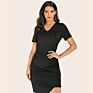 Short Sleeve Women Lady Solid V Neck Casual Asymmetric Midi Dress Sweater Dress