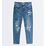 Solid Color Trend Ripped Jeans Zipper Fly Small Feet Enzyme Washed Medium Blue Men Jeans