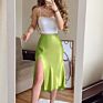 Solid Satin Elastic Waist Women Side Slit Midi Skirt Button Decoration Slim A-Line Skirts