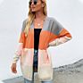 Top Long Sweater Jacket Open Front Women Color Clash Block Rainbow Cardigan