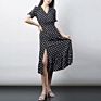 V-Neck Dot Print Corrugated A-Line Slim Waist Short-Sleeved Chiffon Woman Slit Long Dress