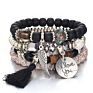 Vriua Charm Beads Bracelets Women Bohemia Vintage Feather Disc Tassel Bracelet & Bangle Set Jewelry Wood Layer Crystal