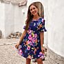 Woman Dress Printed Floral Mini Dresses Ruffled Short Sleeve Crew Neck Dresses Women Elegant